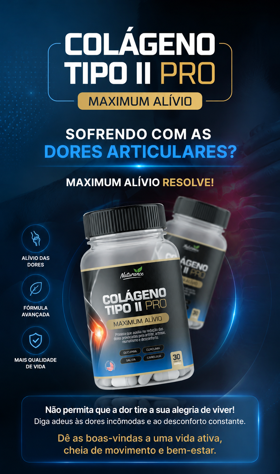 Frasco de Colágeno Tipo II PRO Maximum Alívio, da Naturance